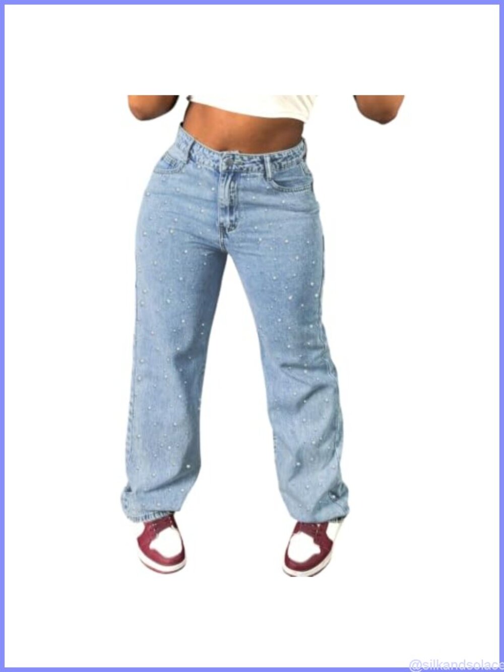 Pearl Embellished Wide Leg Jeans Mid Rise Denim Pants